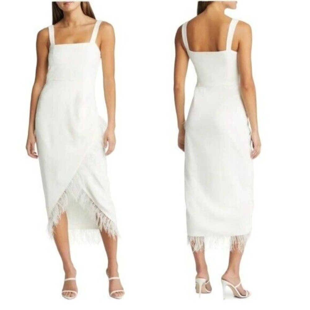 Saylor White Caylin Feather Trim Midi Dress 13640